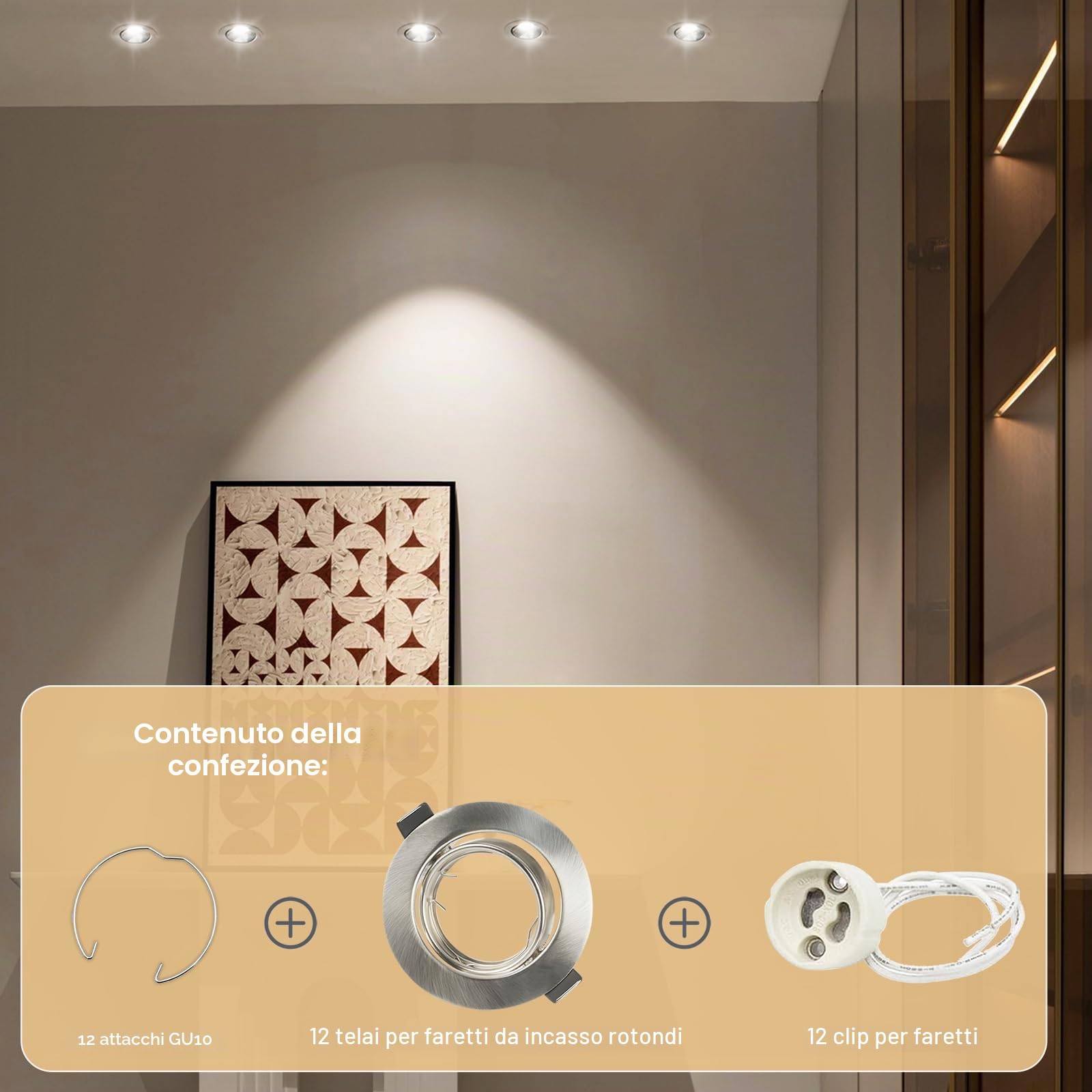 12X Cornice Faretti incasso cartongesso GU10 – Orientabili 30°, Ø90mm, per GU10 LED, Struttura in Metallo Cromato, Foro 68-80mm, con Portalampada – Faretti LED da Incasso per Cartongesso