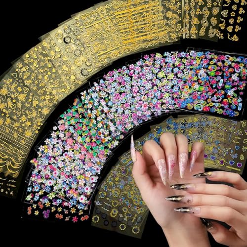 90 Piezas Flores Pegatinas de Uñas, pegatinas doradas para uñas,Autoadesiva Nail Art Stickers Decoración,Etiquetas Engomadas para Decoración de Uñas Bricolaje