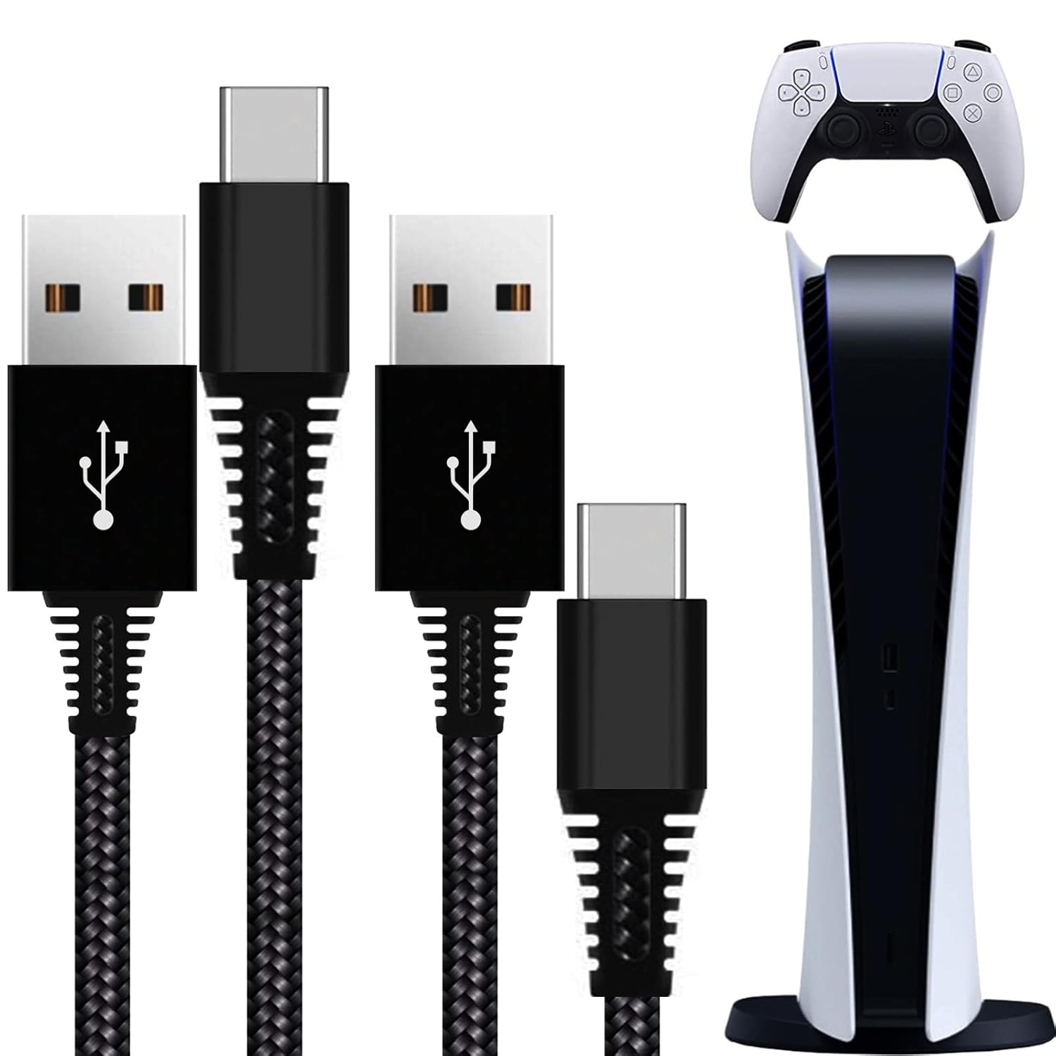 Primicity PS5 Controller Charger Cable 2 Pack Black Nylon Braided PS5