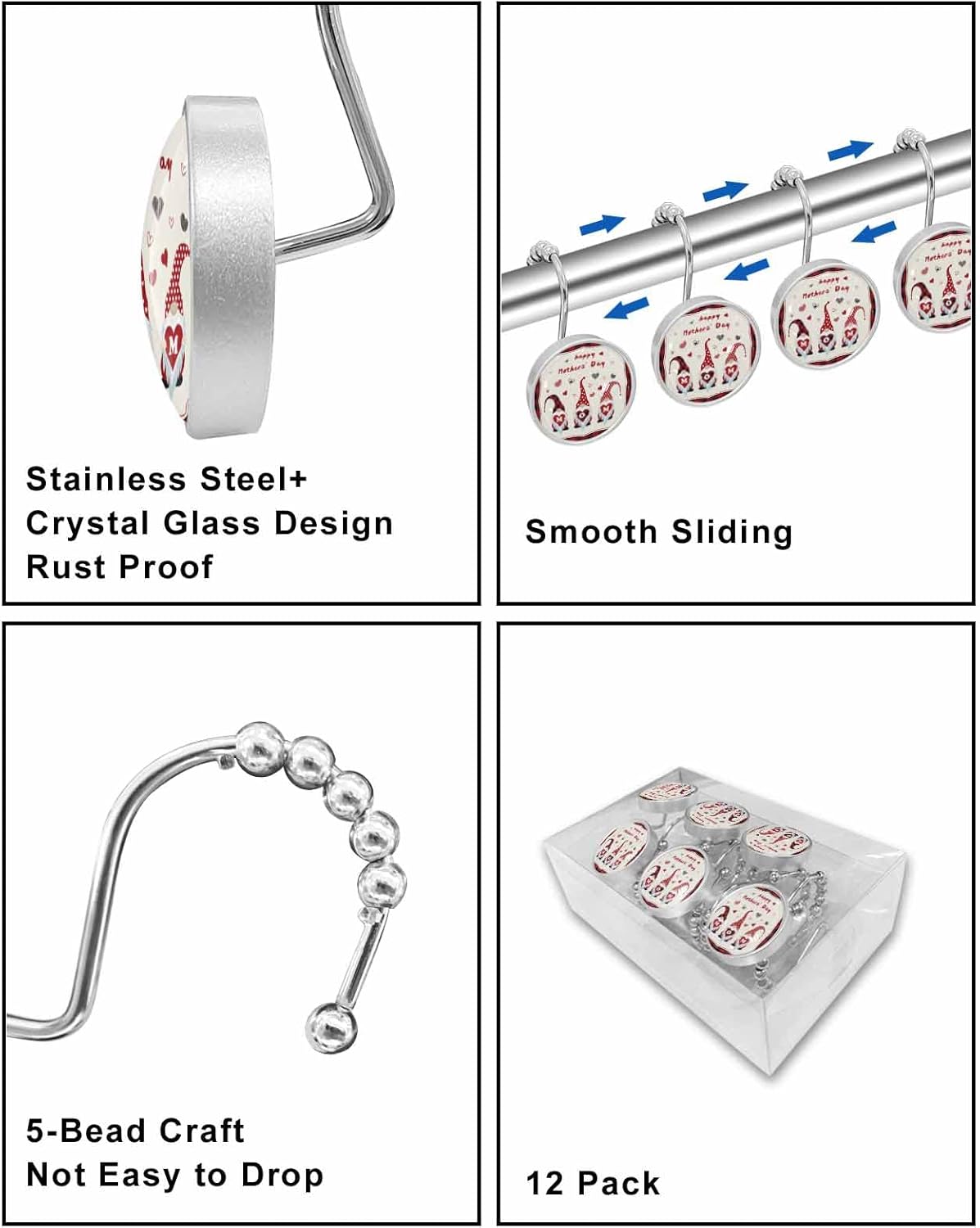 Shower Curtain Hooks 12 Pcs, Happy Mother's Day Dwarf with Heart Red Plaid Stainless Steel Rust Proof Rolling Shower Curtain Rings, Decorative Shower Curtain Hooks Hangers for Bathroom, Bath Ball