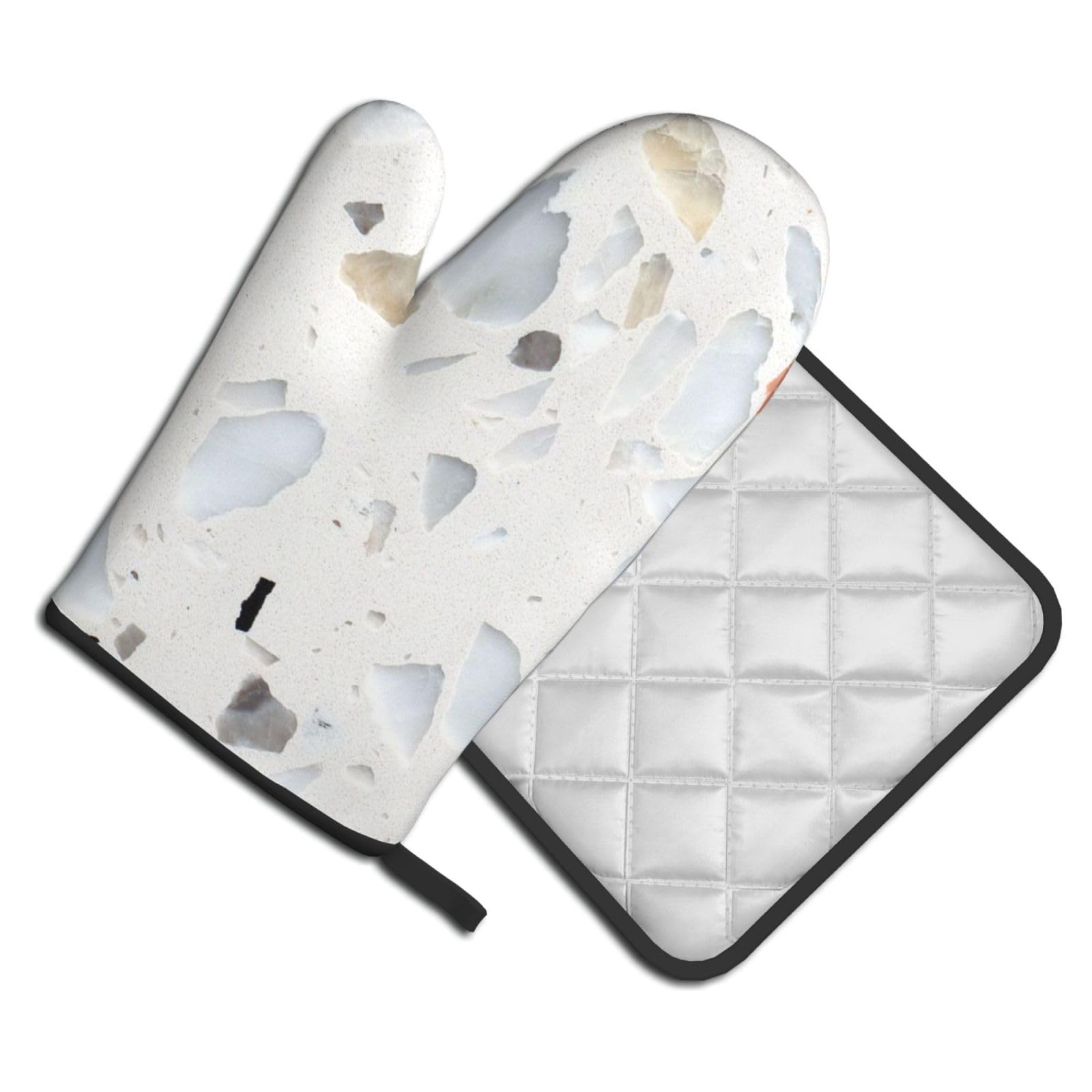 Oven Mitts and Pot Holders Set of 2 Pcs, White terrazzo Printed Heat Resistant Kitchen Gloves Potholders for Cooking Baking Grilling