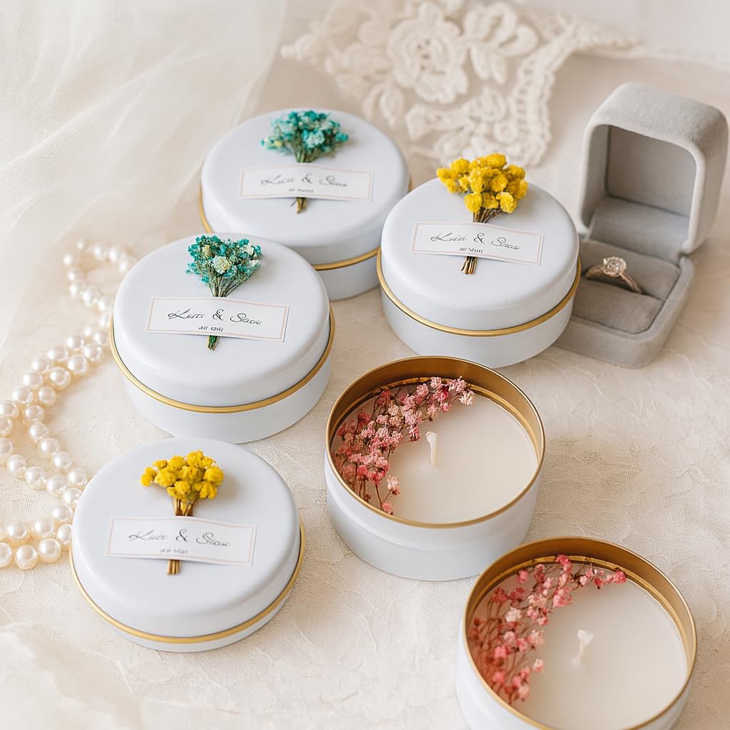 Personalized Natural Soy Wax Wedding Favor Candle Gift Set for Guest - Fall Winter Christmas Custom Dried Flower Bridal Baby Shower Gifts in Bulk (30 Pieces, Pink Flower)