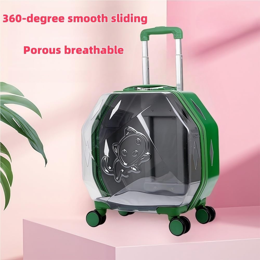 Green Rolling Pet Carrier with Clear Hard Shell – Breathable Cat & Small Dog Travel Case with Telescopic Handle and Wheels