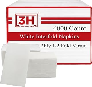 3H Interfold White Paper Napkins Disposable, 2-Ply 6000 Napkins Bulk (24 Pack, 250/Pack), 6.3"×7.6" Unfolded, 6.3"x3.8" V-Folded Dinner Napkins for Business, Restaurants, Catering & Everyday Refill