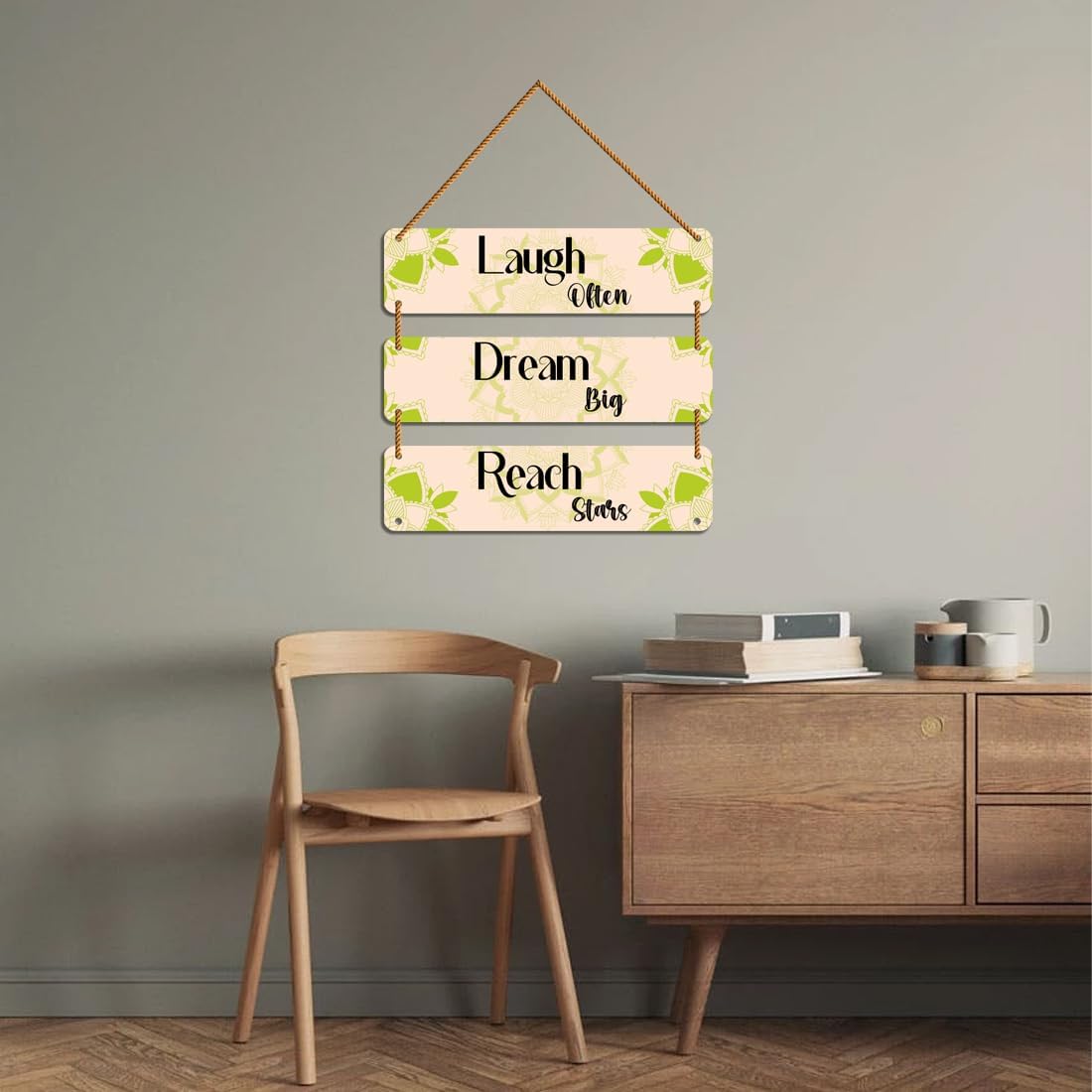Guru1ders Wall Hangings For Home Decoration Motivational Wall Hanging 3 Pcs Wood Wall Hanger For Home Dcor | Quotes Wall Stickers For Living Room Laugh Dream Reach Wall Hanging Decorative Items