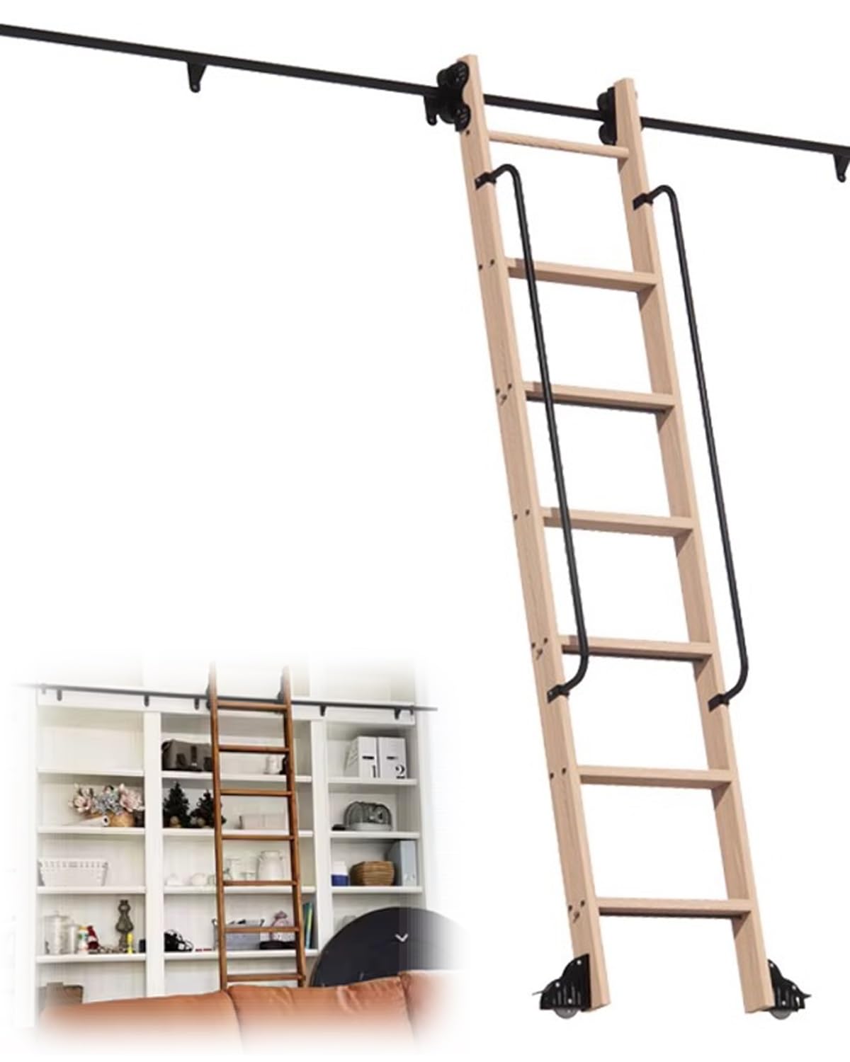 Bibliotheksleiter Hardware-Set für Mobile Bibliotheksleiter mit Unterem Bremsrolle, Teleskopische Obere Rollen für Bücherregal und Lager, Rundrohr(9.5ft/114in/290cm)