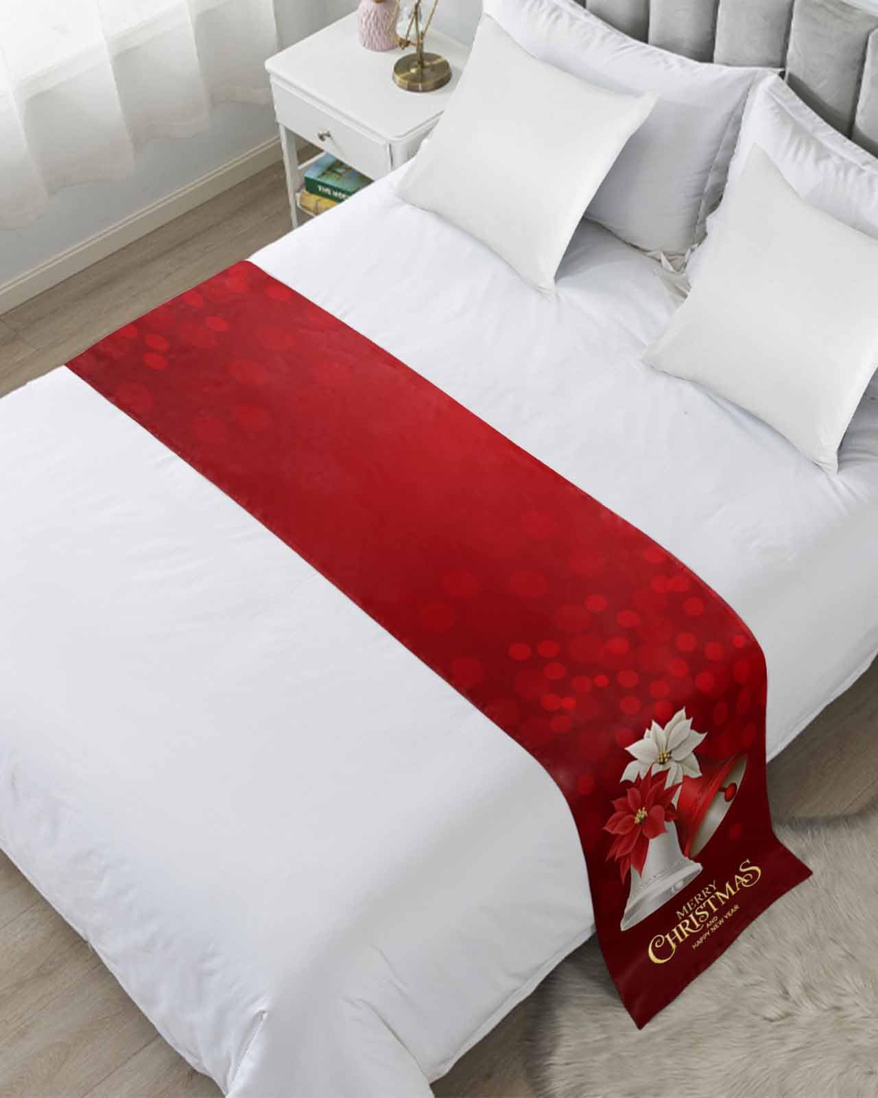 Christmas Bell Bed Runners for King Size Bed, Decorative Bed Throws for Foot of Bed, Poinsettia Red White Flowers Christmas Red Bed Runner Sofa Throw Bedding Scarf Protector Slipcover for Bedroom-image-1