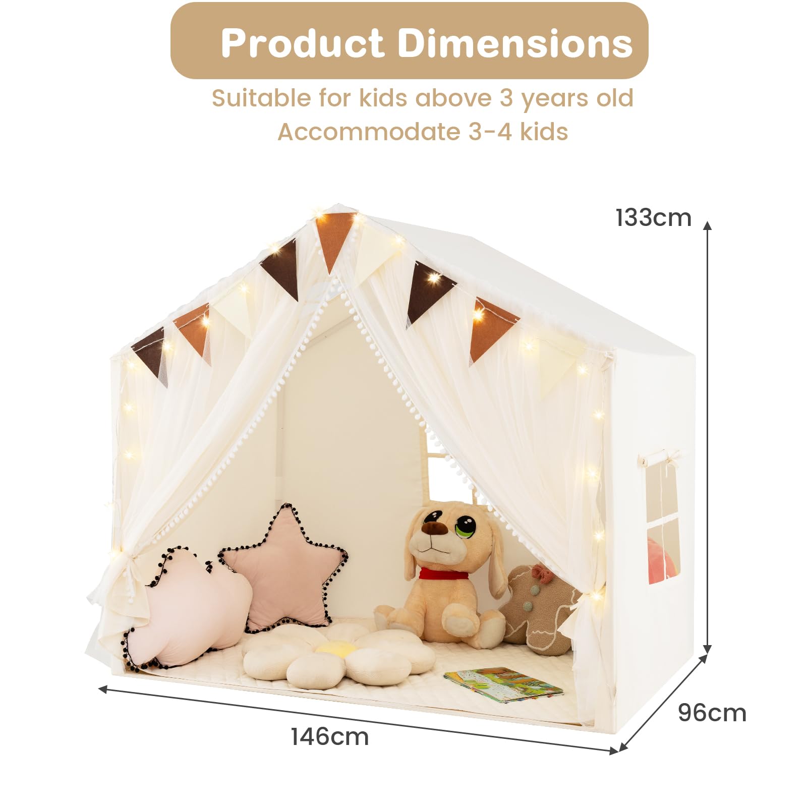 HOMASIS Kinderzelt Indoor, Spielhaus mit Matte & Lichtern & Vorhang & Flaggen, Spielzelt aus Baumwolle, Prinzessin Zelt für Mädchen & Jungen ab 3 Jahren, Kinderspielhaus für Kinderzimmer (Beige)