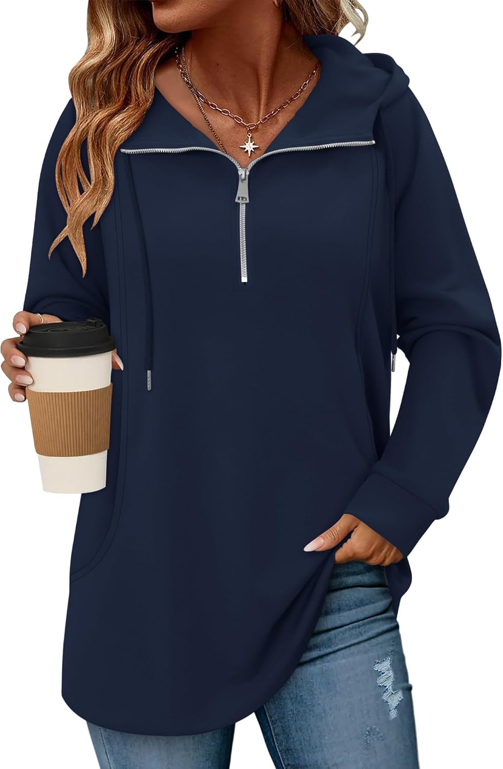 onlypuff Women Hoodie Pullover Trendy Quarter Zipper Lapel Sweatshirts Drawstring Cute Hooded Tunic Tops with Side Pockets