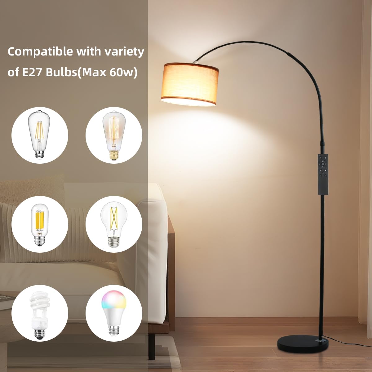 ANTENLICHT AURA Lampada ad Arco con Telecomando | Lampada da Terra Dimmerabile | Con LED E27, Paralume in Lino 33 cm Marrone | Interruttore a Pedale | Design Vintage per Camera, Hotel