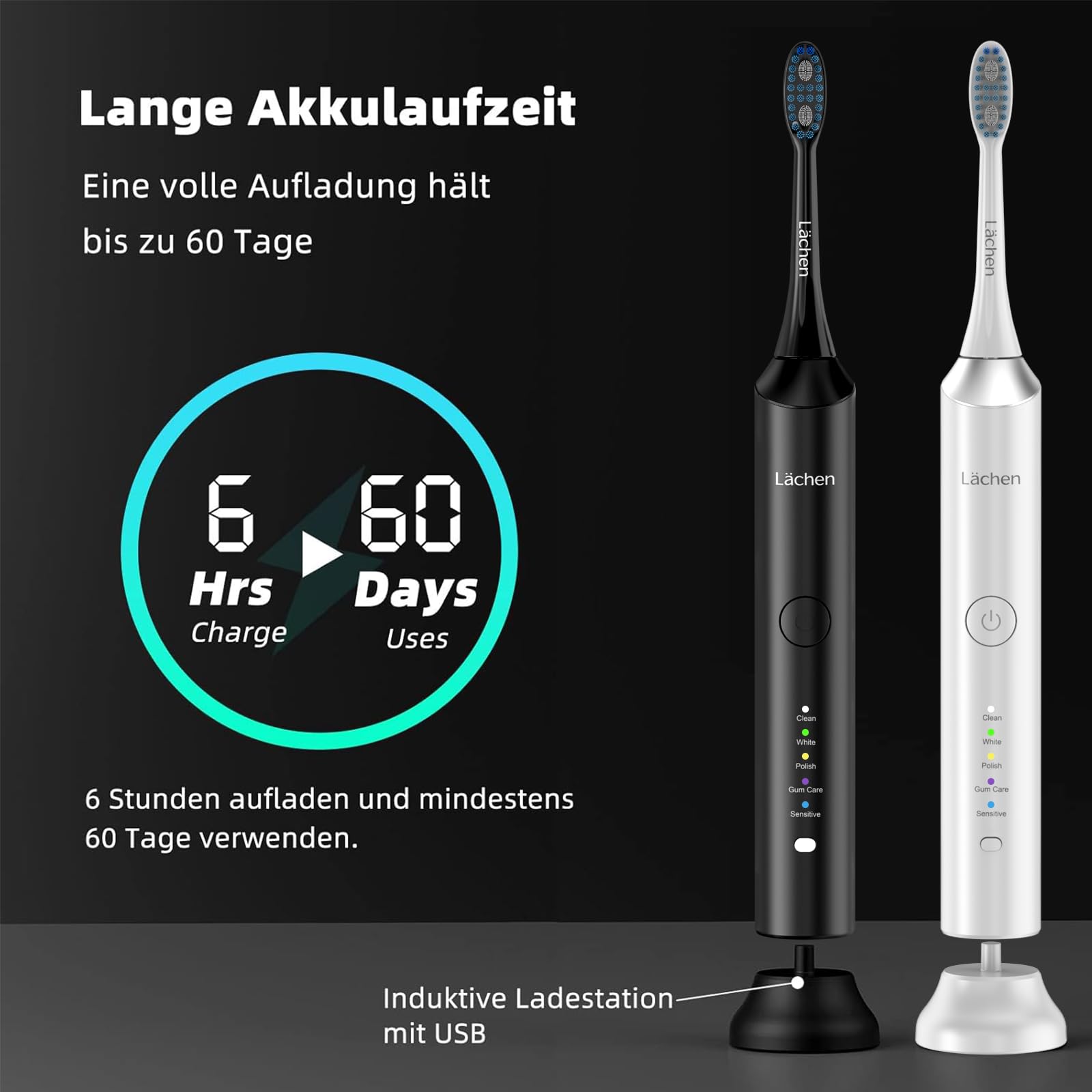 Lächen Elektrische Schallzahnbürste, 5 Modi Elektrische Schallzahnbürste mit Reise-Etui 8 Aufsteckbürsten, USB-Ladung für 60 Tage, Timer, IPX7 Wasserdicht (Weiß & Schwarz)