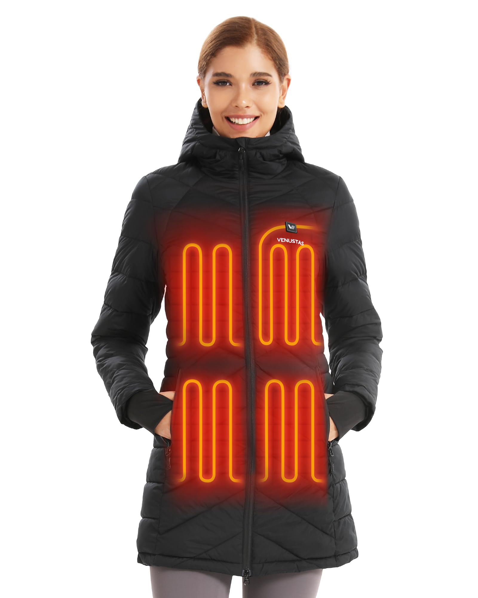 Venustas Women‘s Long Heated Jacket with Battery Pack, 100% Recycled Electric Heated Puffer Winter Coats with Hood