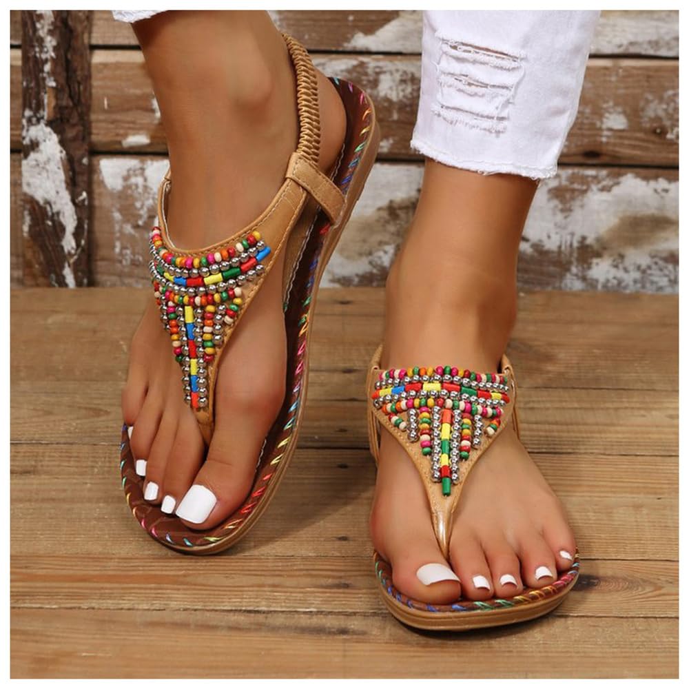 Drimee Women's Brown Flat Sandals Clip Toe Summer Folk Bohemia Flip Flops Ankle Elastic Rhinestone Beaded Thong Leather Sandals Sandals Summer Bohemia Plat Shoes,,Us8/Eu40