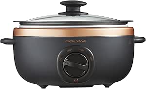 Morphy Richards 3.5L Sear and Stew Slow Cooker, 3 Heat Settings, Dishwasher Safe Non Stick Aluminium Pot, Cool Touch Handles, Matte Black &amp; Rose Gold, 460016