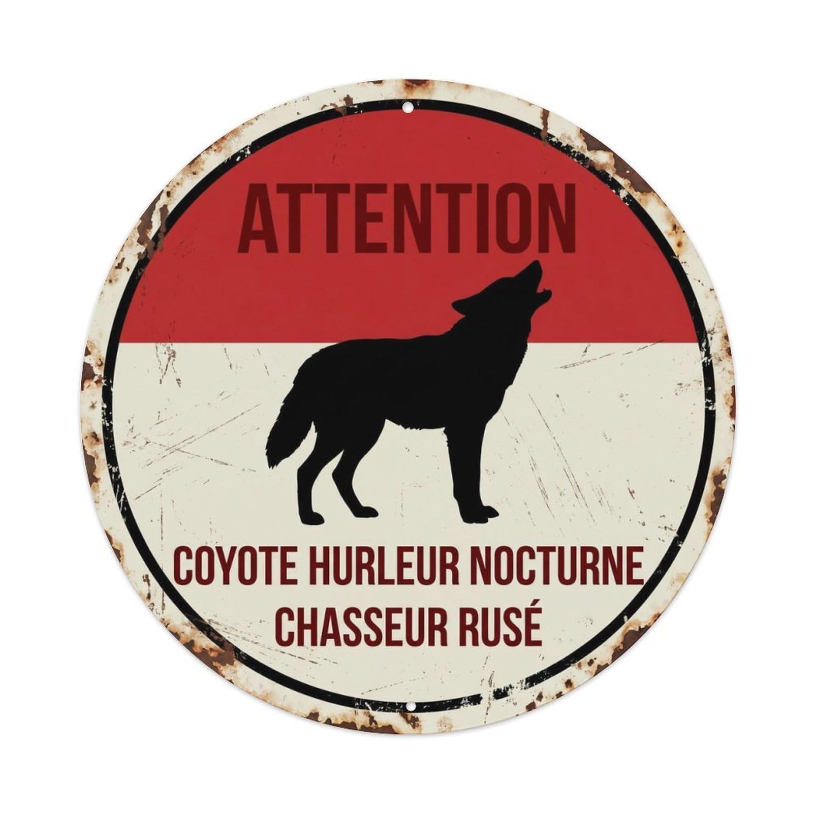 Heritage Coyote Night Howl Wildlife Safety Label Grunge Metal Tin Sign Plaque Wall Decor for Cafe, Man Cave, Club Bar, Office, Home Garden Round Metal Poster 8x8Inch