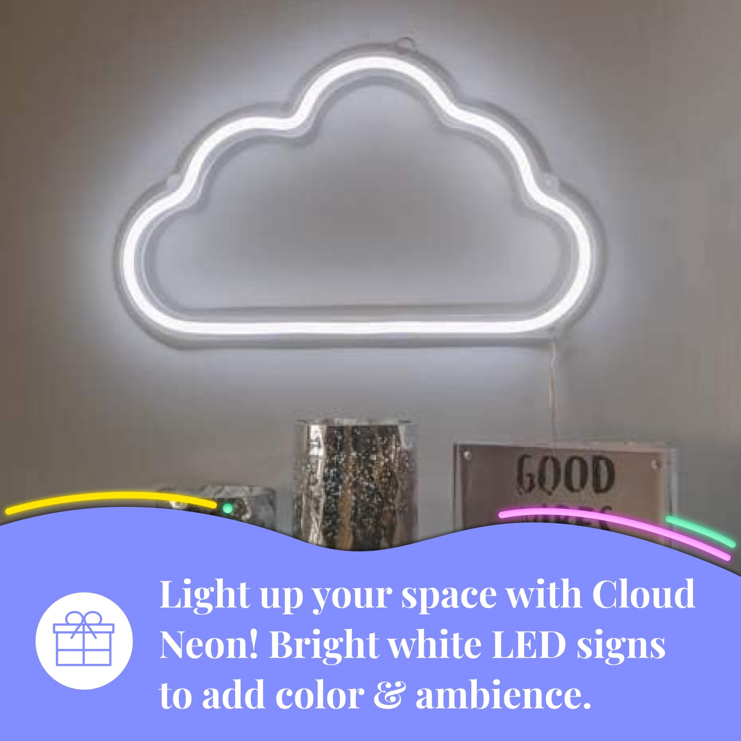Amped & Co Cloud neon signs for wall Decor, Wall Hanging, White, 16 x 9.5 inches, with 84 inches Clear Cord operated with On/Off Switch, Wall lights for bedroom - decorative lights for home decor