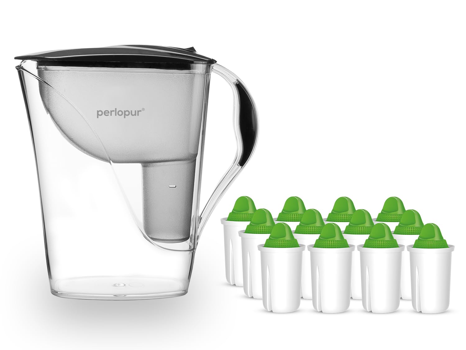 PearlCo - Filtr do wody Fashion (antracyt) z 12 wkładami filtrującymi alkalicznymi (do wody zasadowej) – pasuje do Brita Classic