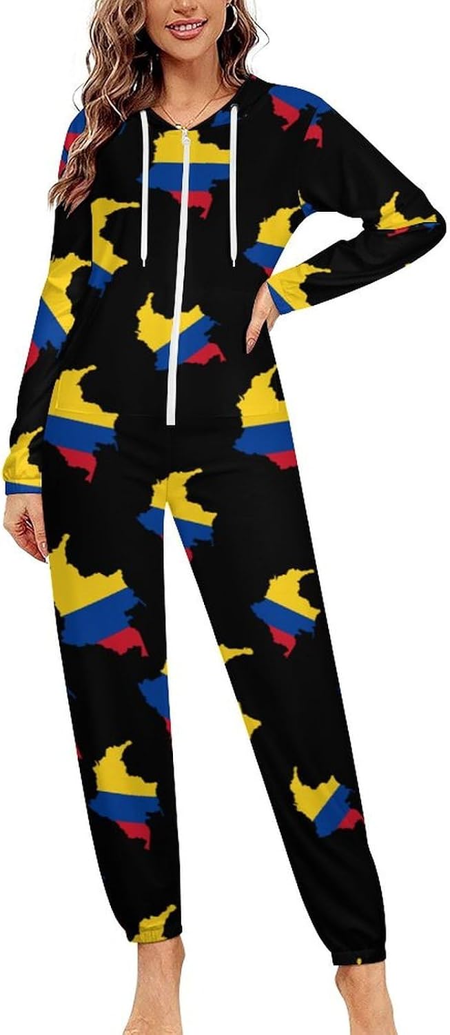 Colombian Flag Map Adult Pajamas Onesie with Hood Pocket Jumpsuits One Piece Sleepwear