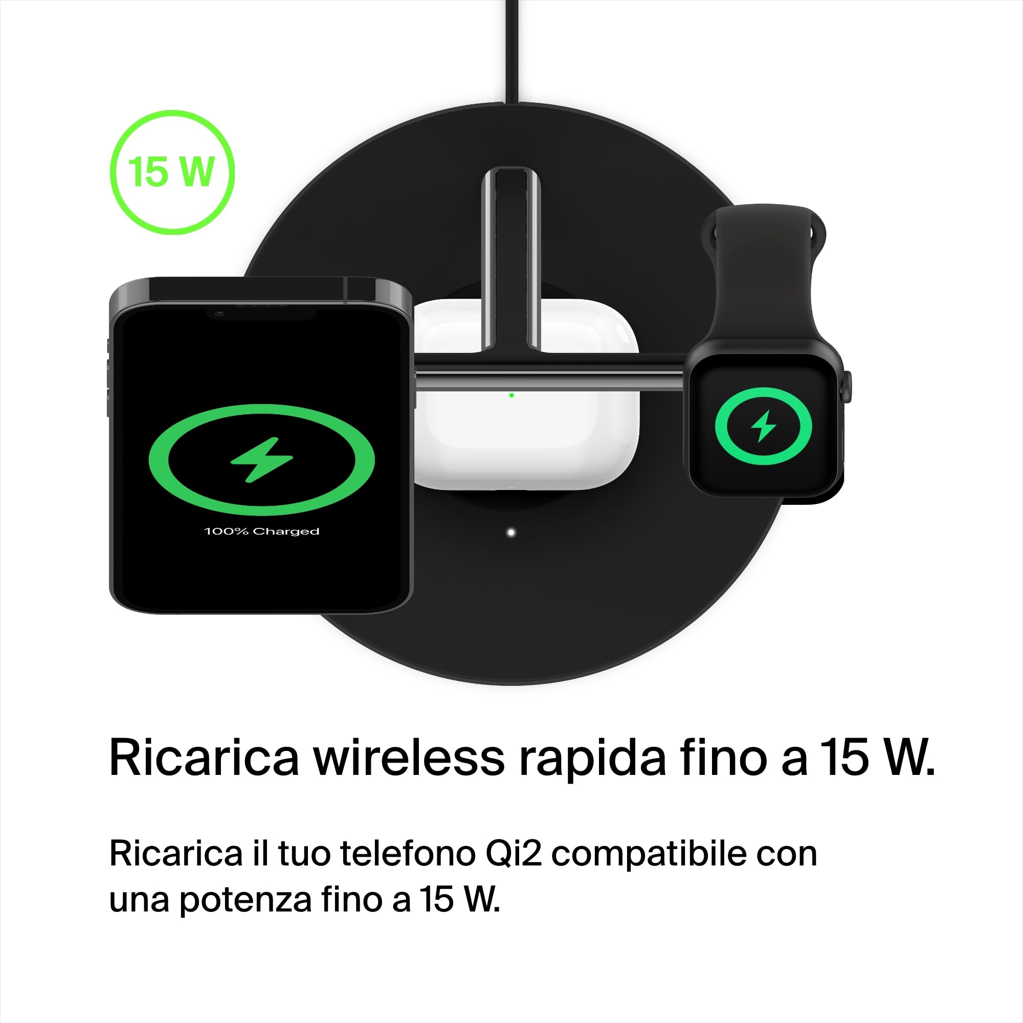 Belkin BoostCharge Pro Caricatore da scrivania 3 in 1 con ricarica wireless 15 W Qi2 per iPhone 15, 14, 13, 12, Apple Watch e AirPods, stazione di ricarica magnetica compatibile con MagSafe, nero