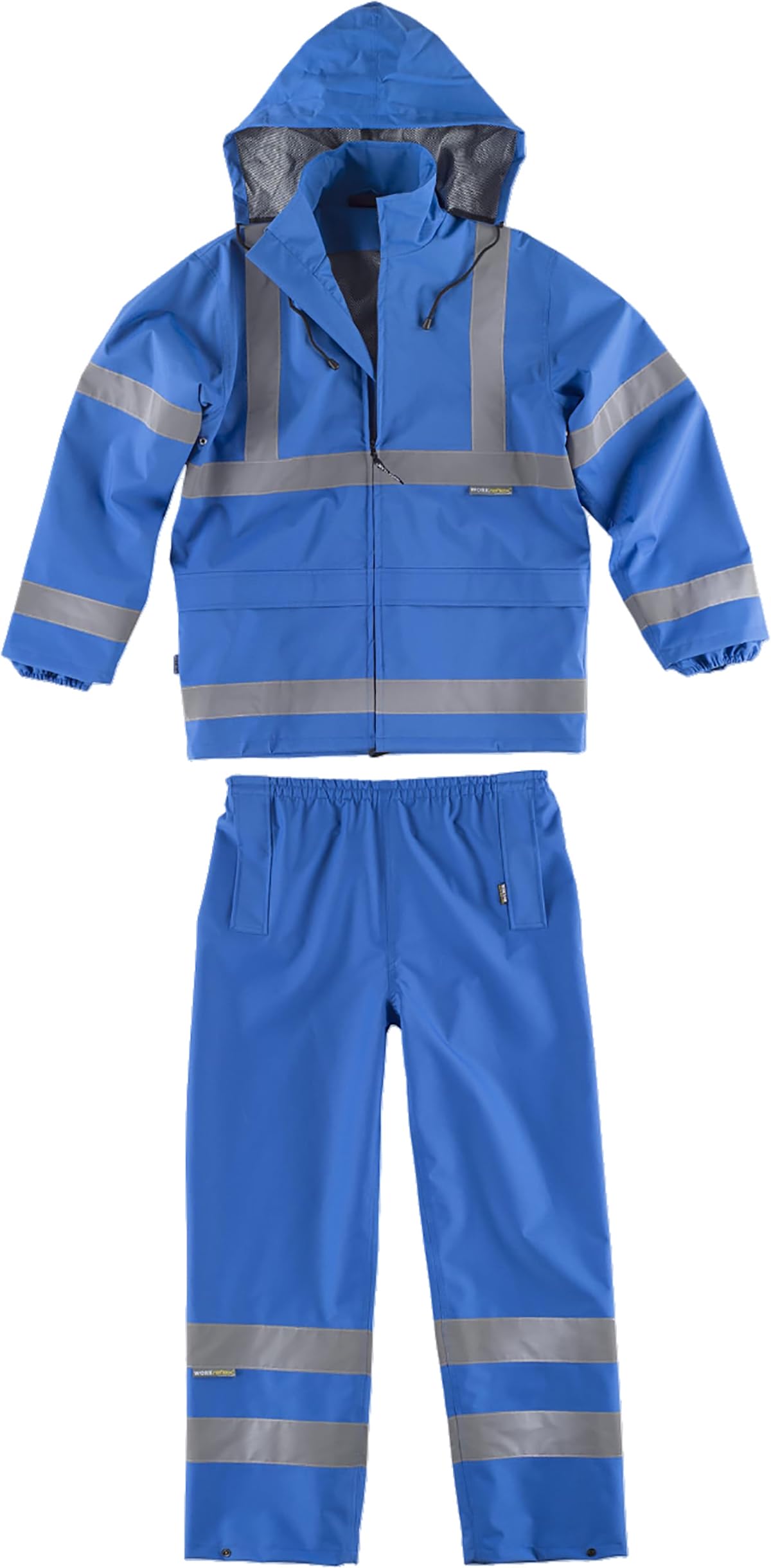WORKTEAM Traje de Agua Impermeable, Chaqueta y Pantalón con Cintas Reflectantes, Capucha Oculta y Forro de Rejilla, Visibilidad Realzada unisex