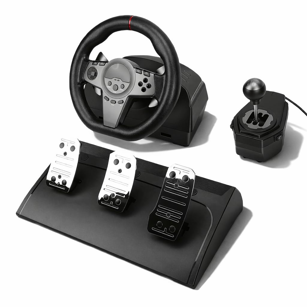 VBESTLIFE Volante da Gioco, Volante per PC Girevole a 270° con Pedali a Induzione Lineare Hall e Leve del Cambio a Paddle per Computer e Console di Gioco.