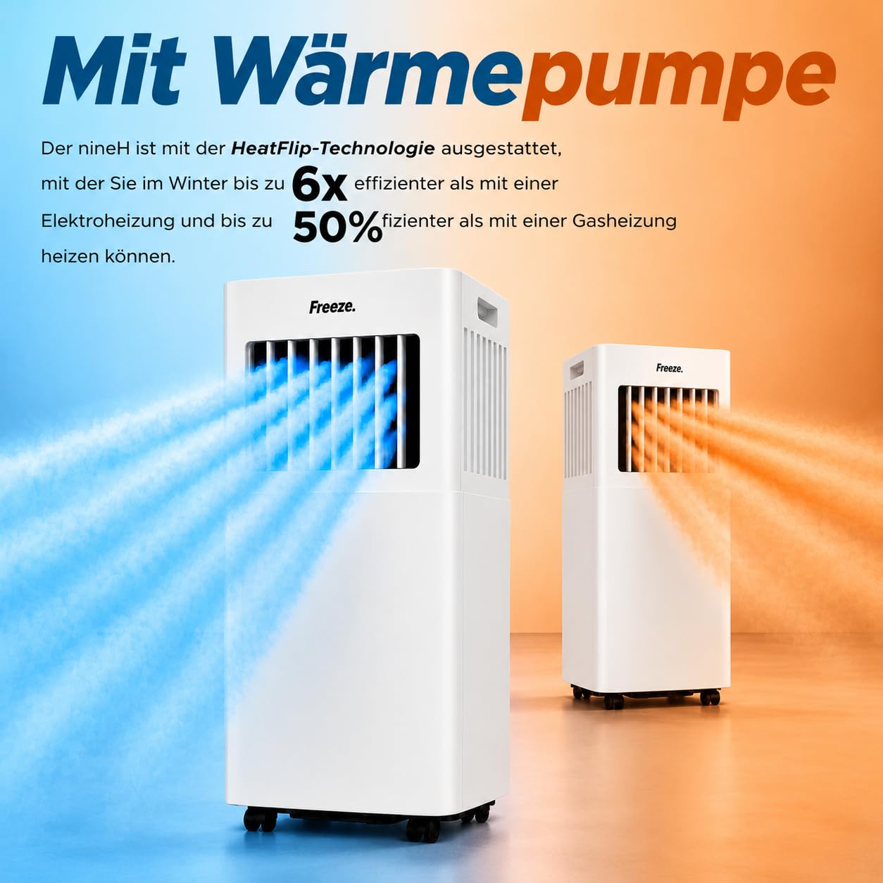 Freeze. nineH 9000BTU Mobile Klimaanlage mit Wärmepumpe, weiß, Monoblock-Klimaanlage und Heizung mit LED-Anzeige, Fernbedienung, Schlafmodus, verstellbarem Luftauslass, inkl. Abluftschlauch und Fenste