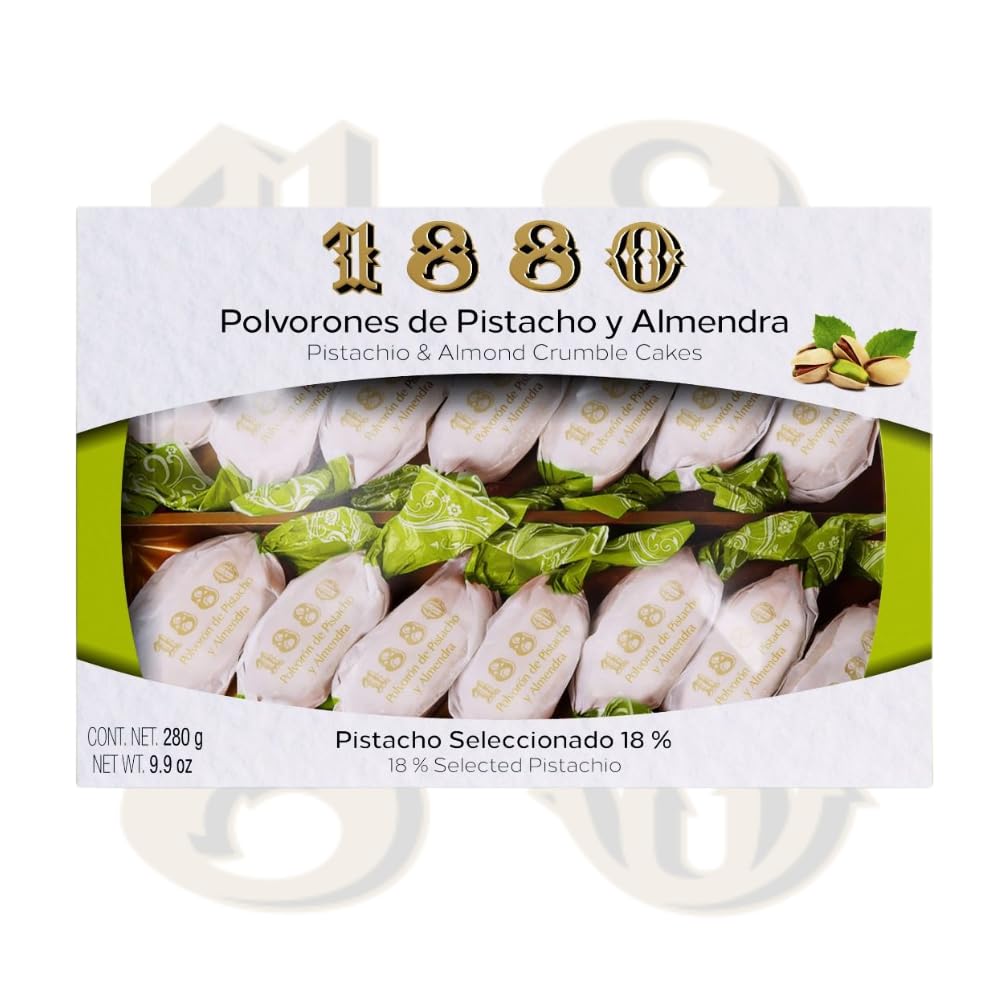 1880 - Polvorones de Pistacho y Almendra, Calidad Suprema, Típico Dulce Navideño, Receta Artesanal, Envase Individual, Polvorones Tradicionales, Elaborado con Almendras Seleccionadas, 280 Gramos