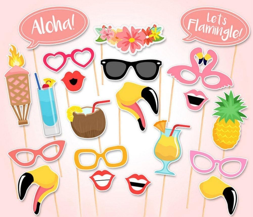 21 Pcs Photo Booth Prop,Flamingo Tropical Hawaiian Summer Hen Party Night Games Photo Posing Props