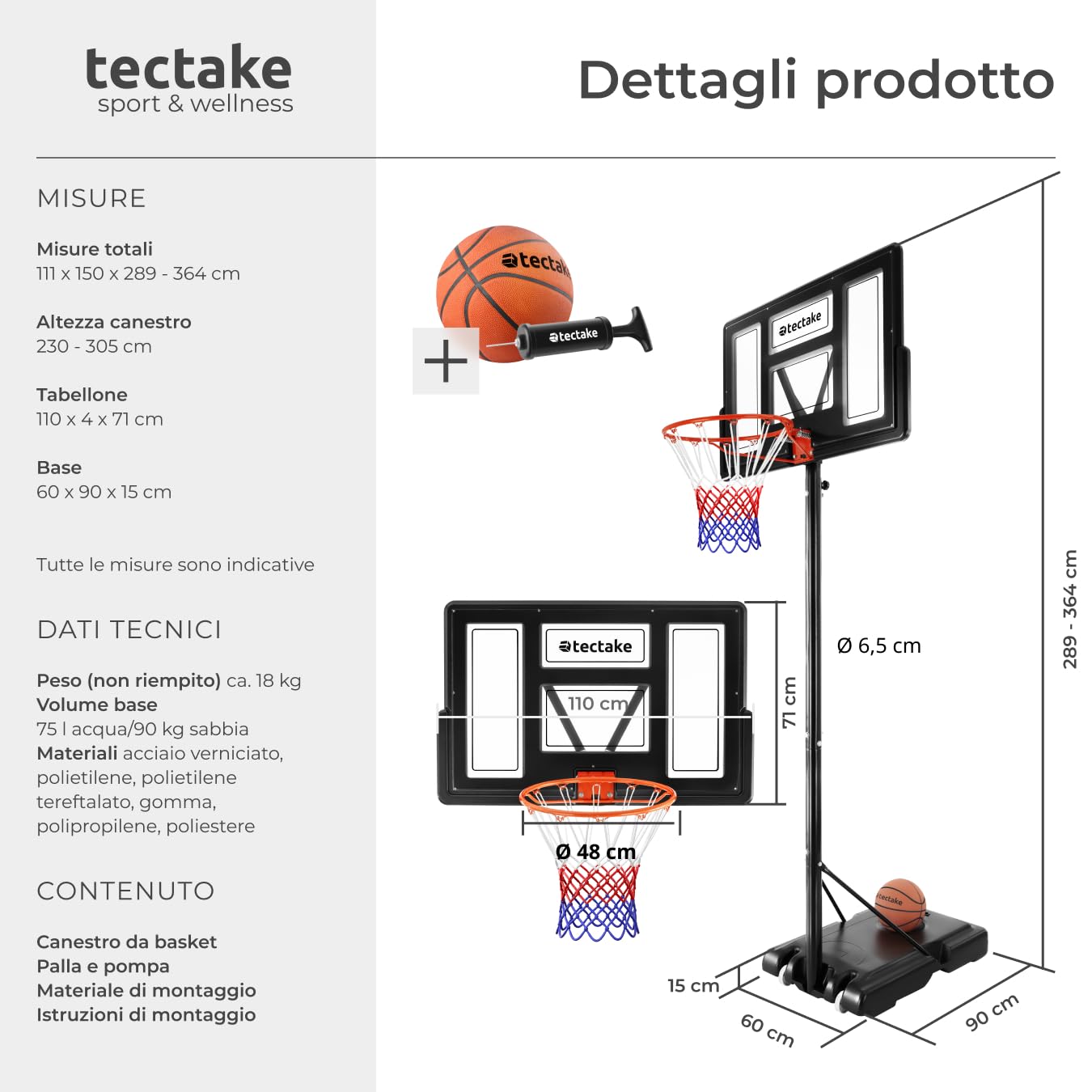 tectake® Canestro Basket con Ruote, Canestro Basket Esterno e Interno con Asta Regolabile in Altezza, Base Riempibile con Acqua o Sabbia, Tabellone Pallacanestro Interno Esterno per Bambini e Adulti
