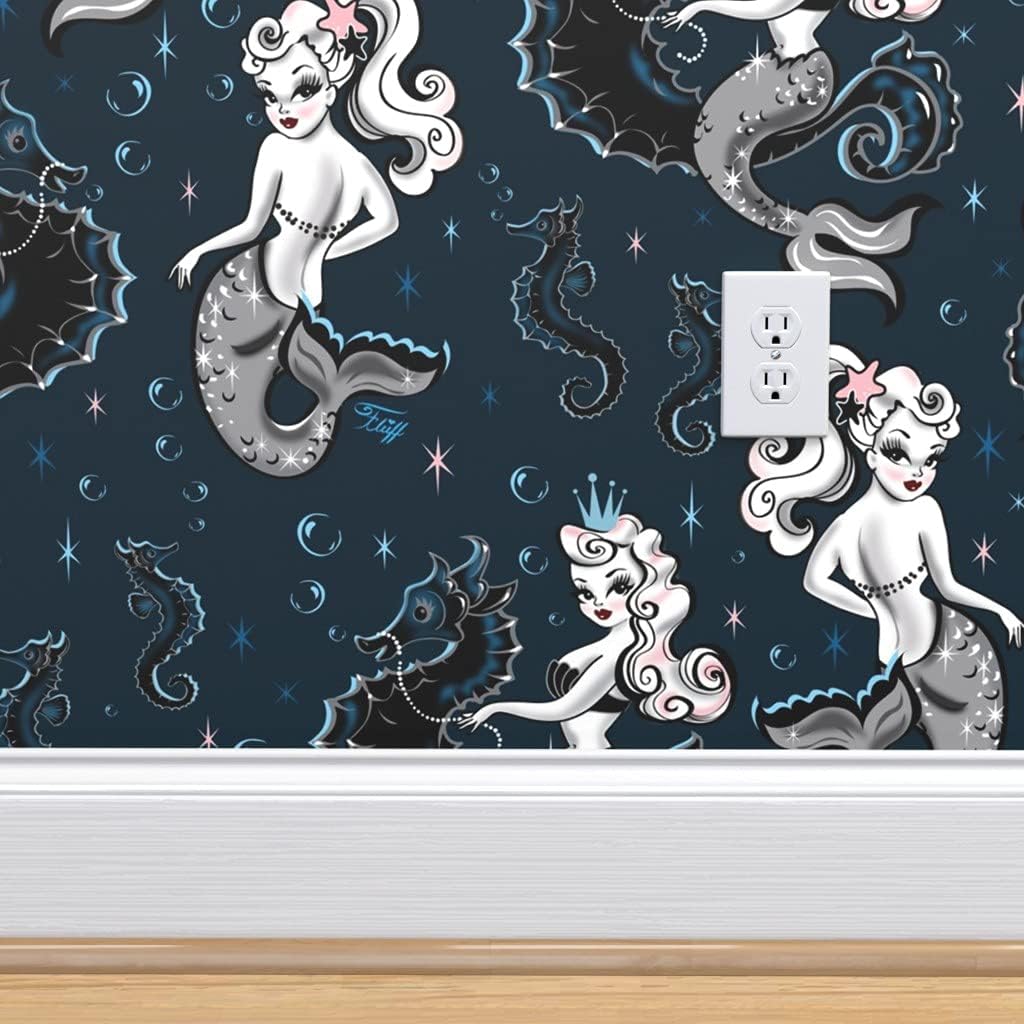 Hottest Sales Spoonflower Peel and Stick Removable Wallpaper, Mermaid Mermaids Retro Mermaid Vintage Mermaid Seahorse Mermaid Print, Self-Adhesive Wallpaper 24in x 108in Roll