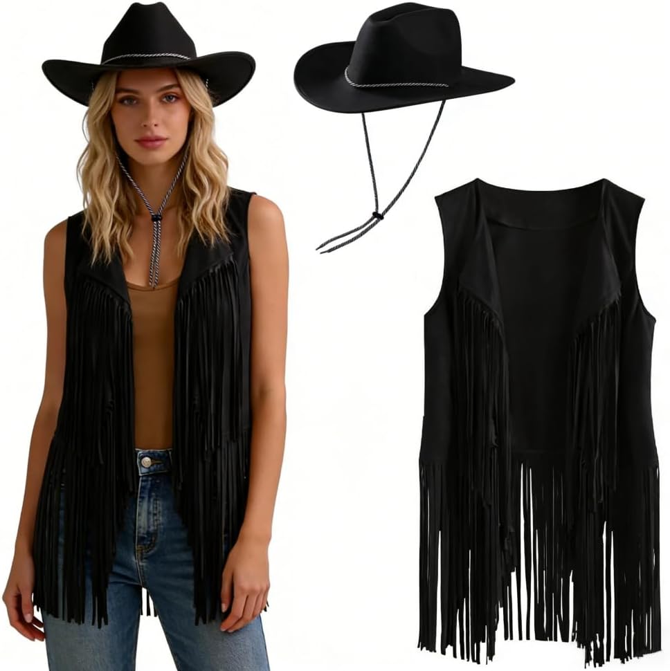 Western Cowgirl Costume for Women Men Vintage Leather Cowboy Hat Faux Suede Sleeveless Fringe Jackets Vest 70s Hippie Costume for Hippie Disco Party Halloween Party Cosplay
