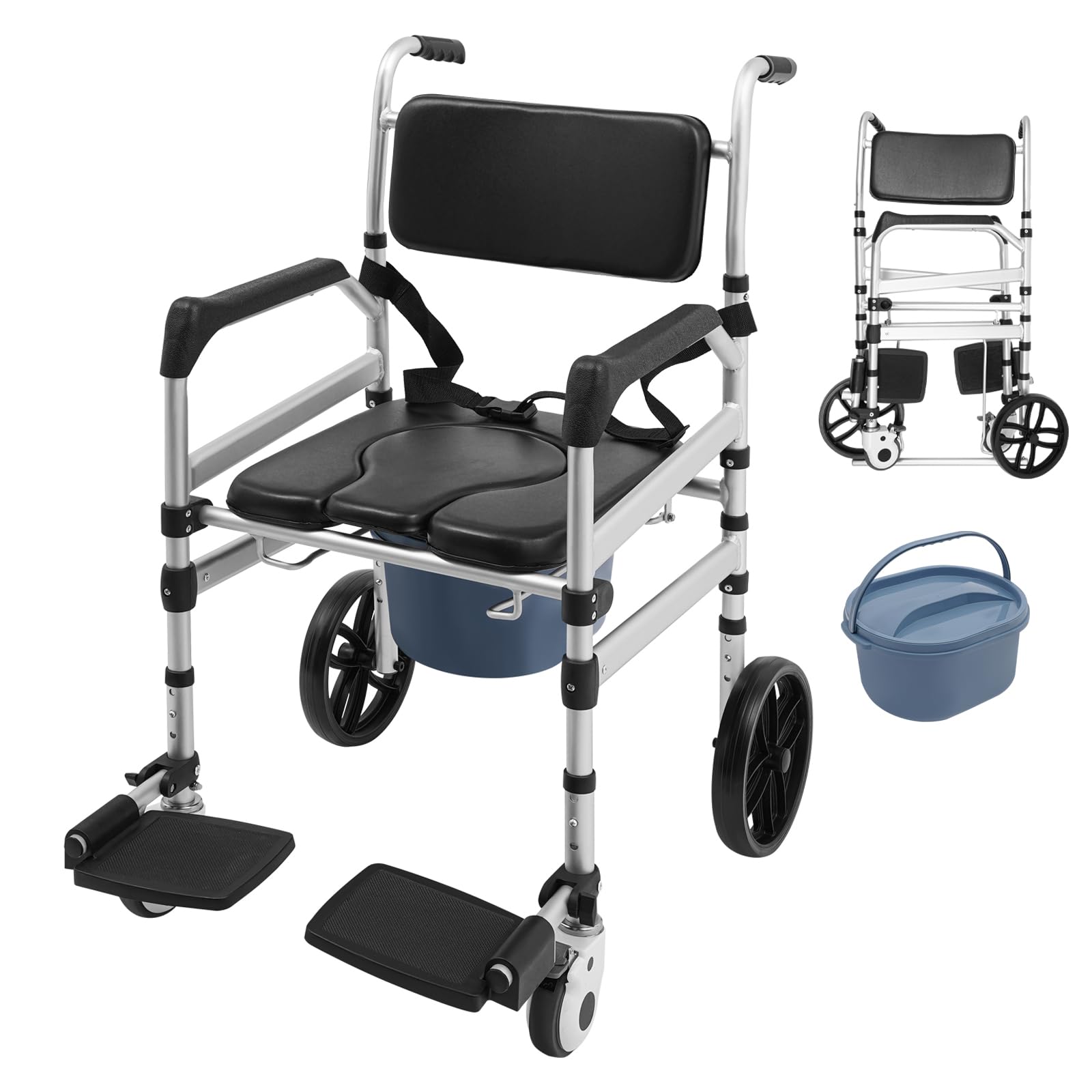 Sedia WC per anziani con ruote, sedia da doccia pieghevole con secchio WC regolabile in altezza in lega di alluminio, portata 150 kg