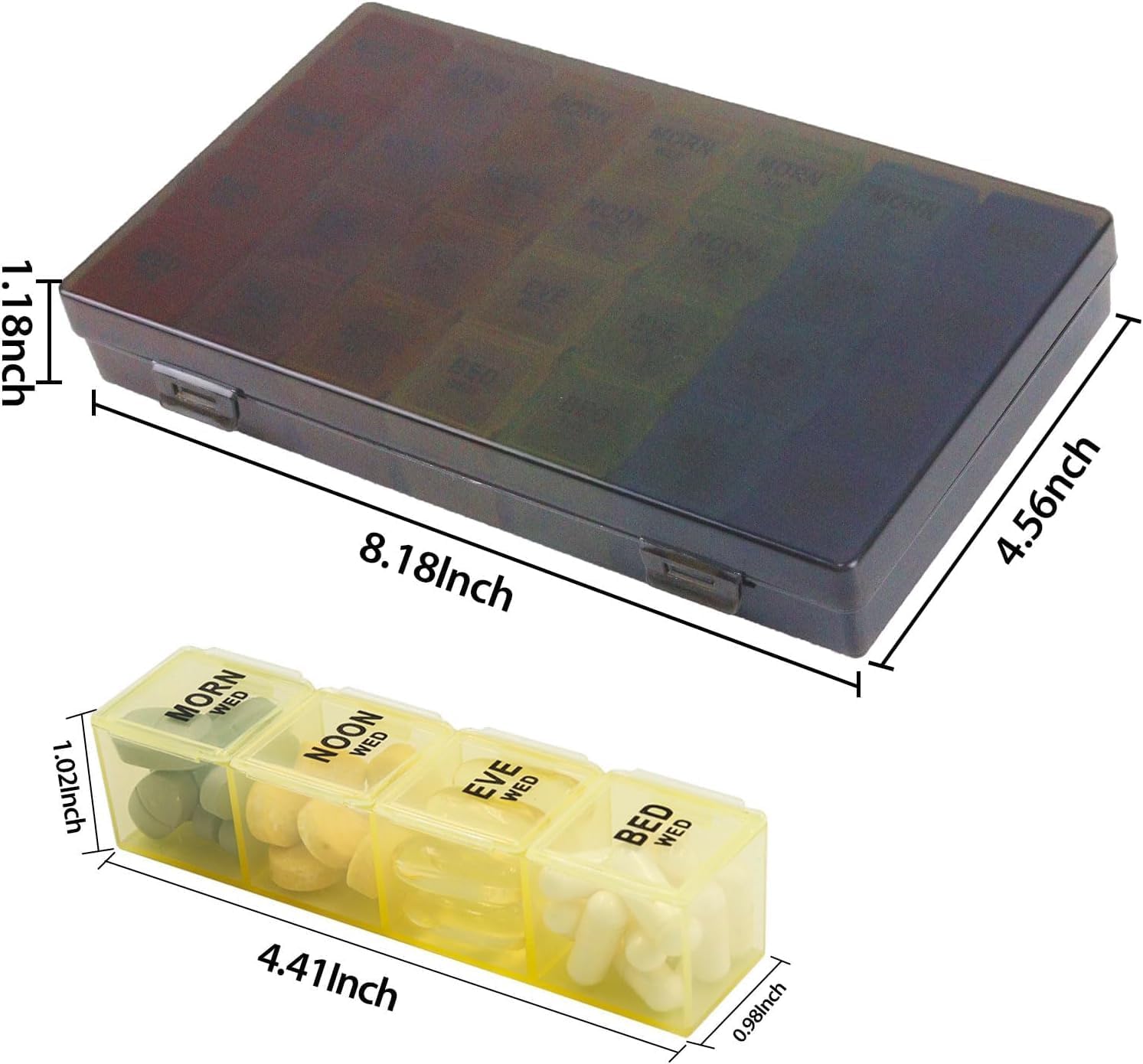 4Pack Weekly Pill Organizer 4 Times a Day, 7-Day Pill Boxes, Monthly Medication Organizer 28 Days Portable Compartments & Moisture-Proof Outer Case for Vitamins, Fish Oils, Supplements (Black)