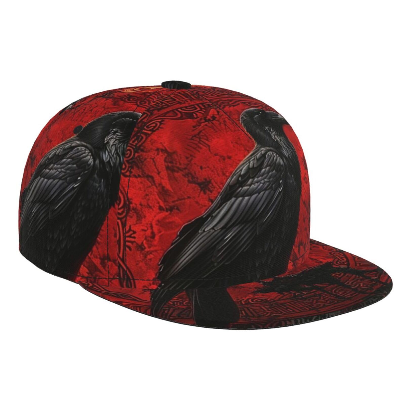 Men's Baseball Cap Black Viking Raven Pirate Runes Nordic Mythology Red Flat Brim Adjustable Snapback Trucker Hat, Dad Hat, Casual Sport Outdoor Sun Hat