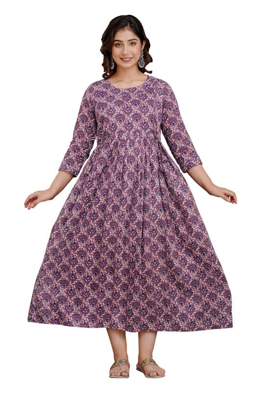 Image of Women's Pure Cotton Printed Maternity Gown /Maternity wear /Feeding Gown A-line Maternity Feeding Dress Maternity Kurti Gown for Women
