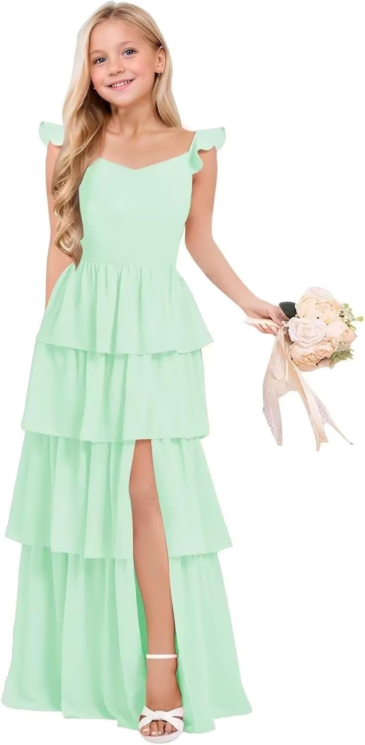 Flutter Sleeve Junior Bridesmaid Dresses with Slit Tiered Chiffon Flower Girl Dress Pageant Gown