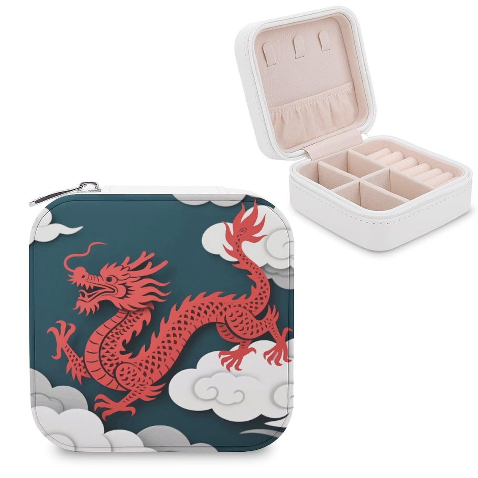 VstaDank Paper Dragon Jewelry Organizer Travel Case for Women With Zipper Mini Jewelry Case PU Leather Jewelrys Box for Rings Necklaces Bracelets Earring Holder Organizer Storage