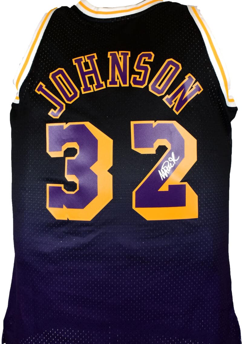 Magic Johnson Autographed Fadeaway Black M&N HWC Swingman XL Jersey-Beckett W Hologram Silver