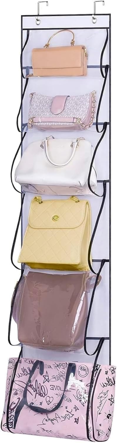 MISSLO Over Door Hanging Handbag Organiser Storage For Wardrobe Dust Bags  for Handbags with Different Size Pockets, Caps, Purses, Scarves, Towel