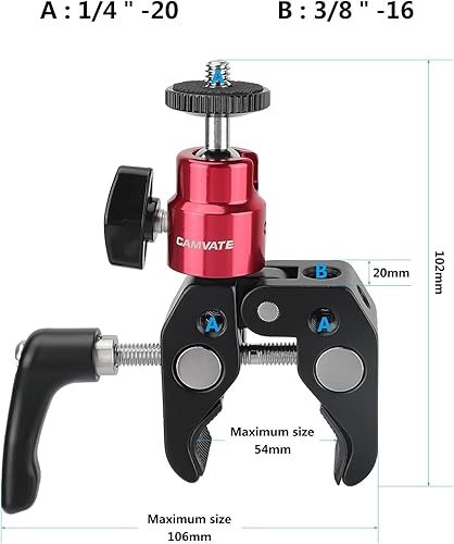Miniatura 2 de CAMVATE Abrazadera universal de agarre de cangrejo con perilla de tornillo reforzada + soporte de cabeza de bola ajustable de 14 "-20 (rojo) - 2882