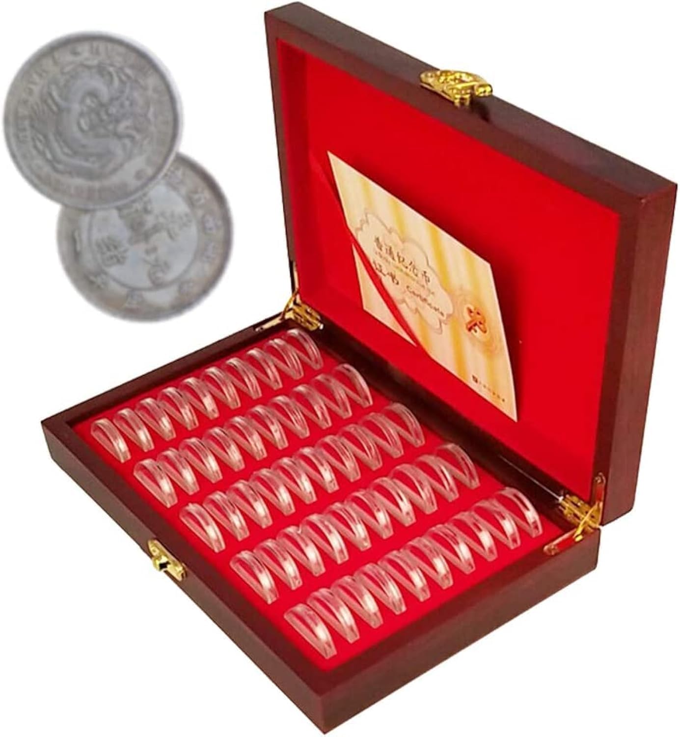 Tuzsocr Collectable Coin Storage, 50 Coin Capsules, Wooden Storage Box + Inner Padding, Sealed Coin Holder 18 mm, 21 mm