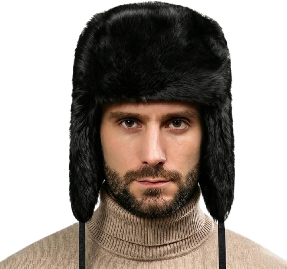 Unisex Winter Trapper Hat Faux Fur Russian Ushanka Hat Windproof Hunting Skiing Cap with Earflap