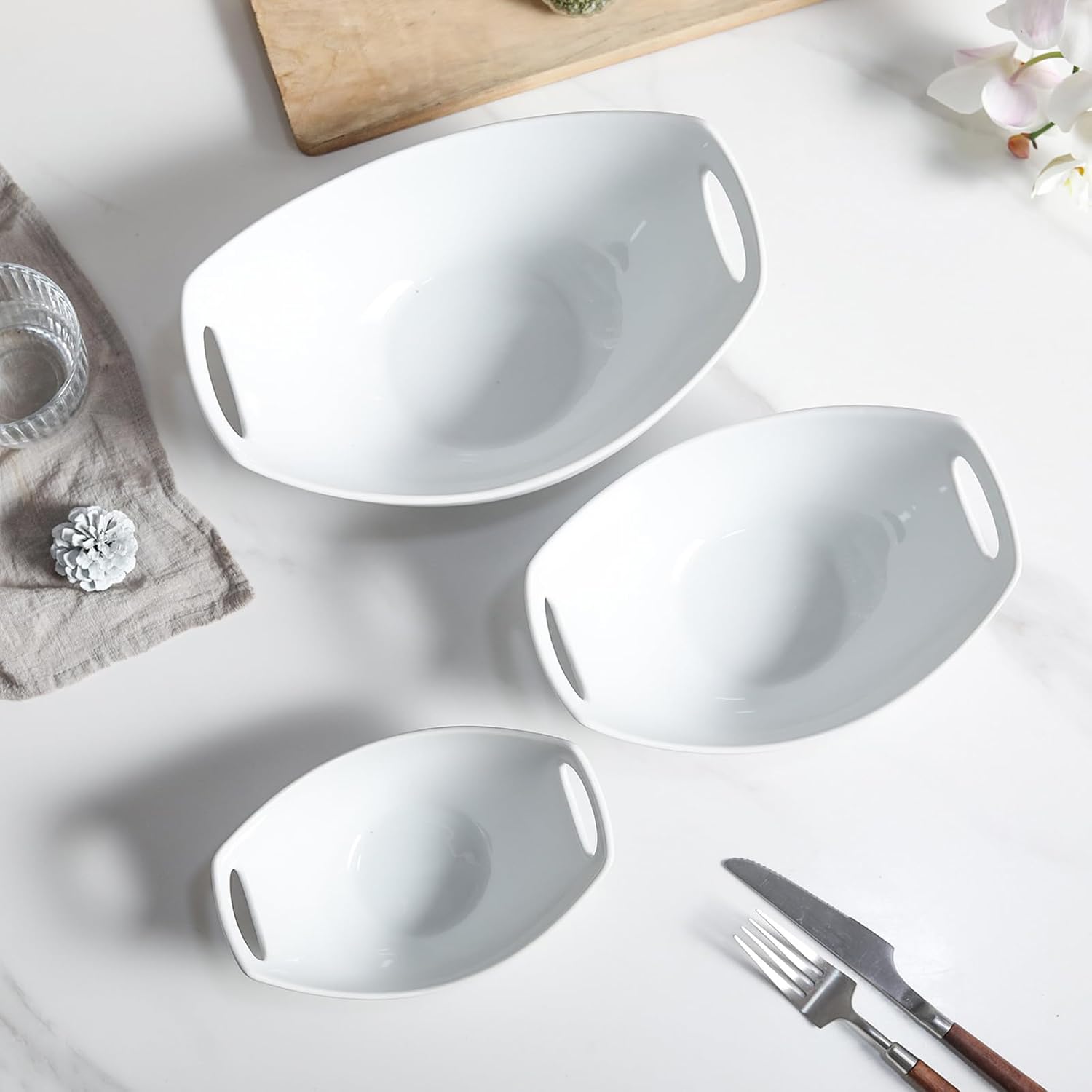 Ceramic Serving Bowls with Handles, Large Salad Bowl Set for Entertaining, Mixing, Serving Dishes for Parties, Kitchen, Housewarming & Everyday Use, Set of 3, 15/28/49 oz