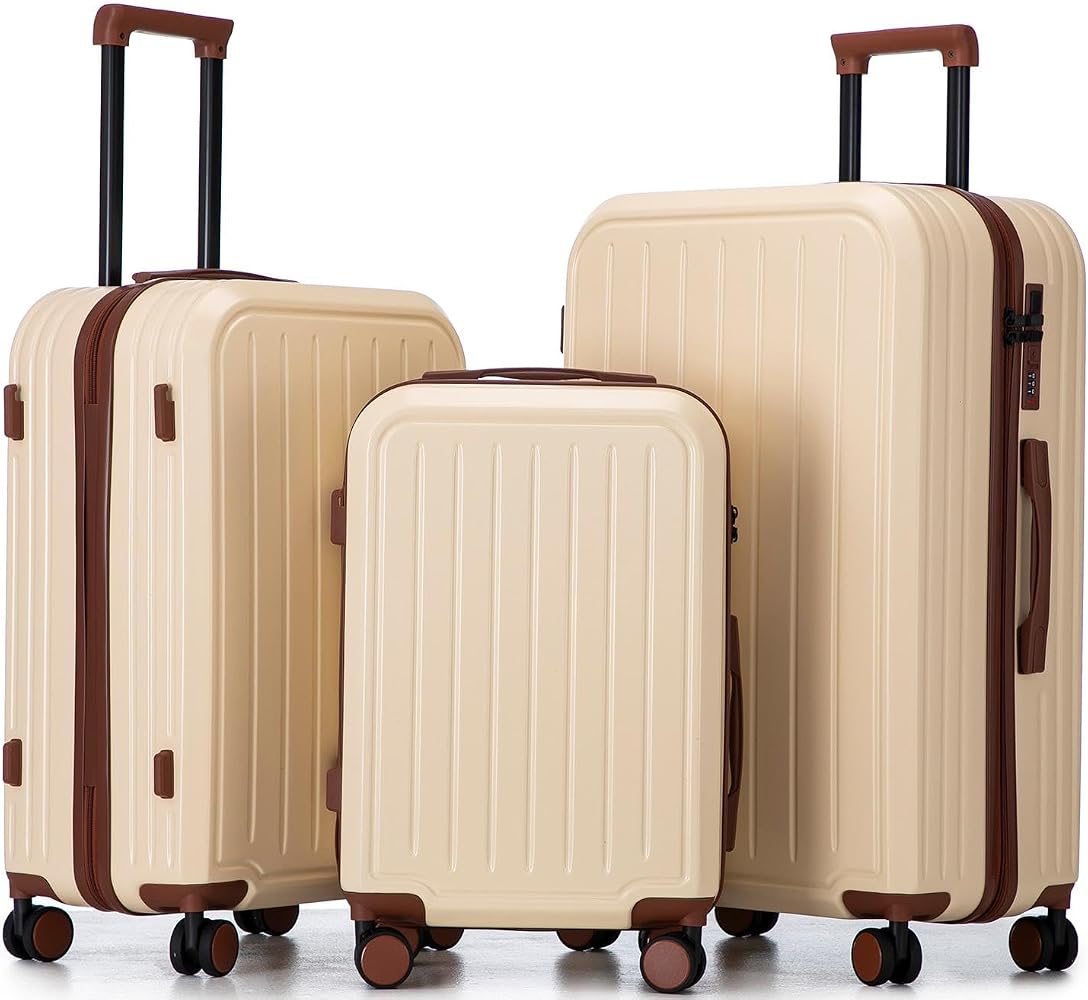Merax 3 Pcs ABS Hardside Luggage Set Spinner Wheel Suitcase, Brown/Ivory, 20/24/28 Inch