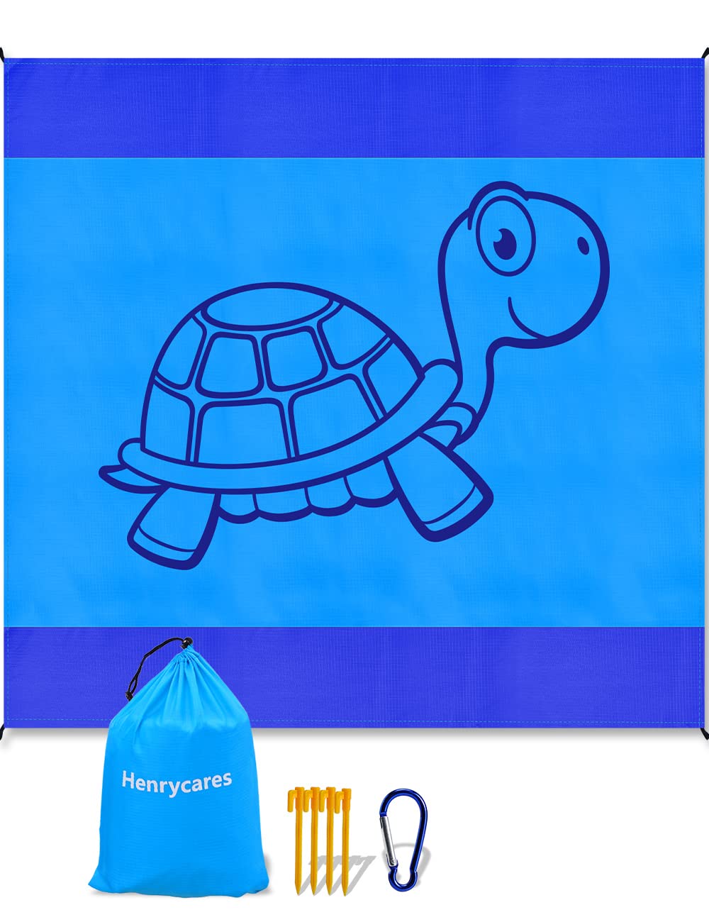 Henrycares Beach Blanket 300 x 275cm Extra Large, Beach Mat Sandproof Waterproof Picnic Blanket with 4 Stakes for 7-10 Adults, Summer Outdoor Blanket for Travel Camping Hiking Picnic (Blue turtle)