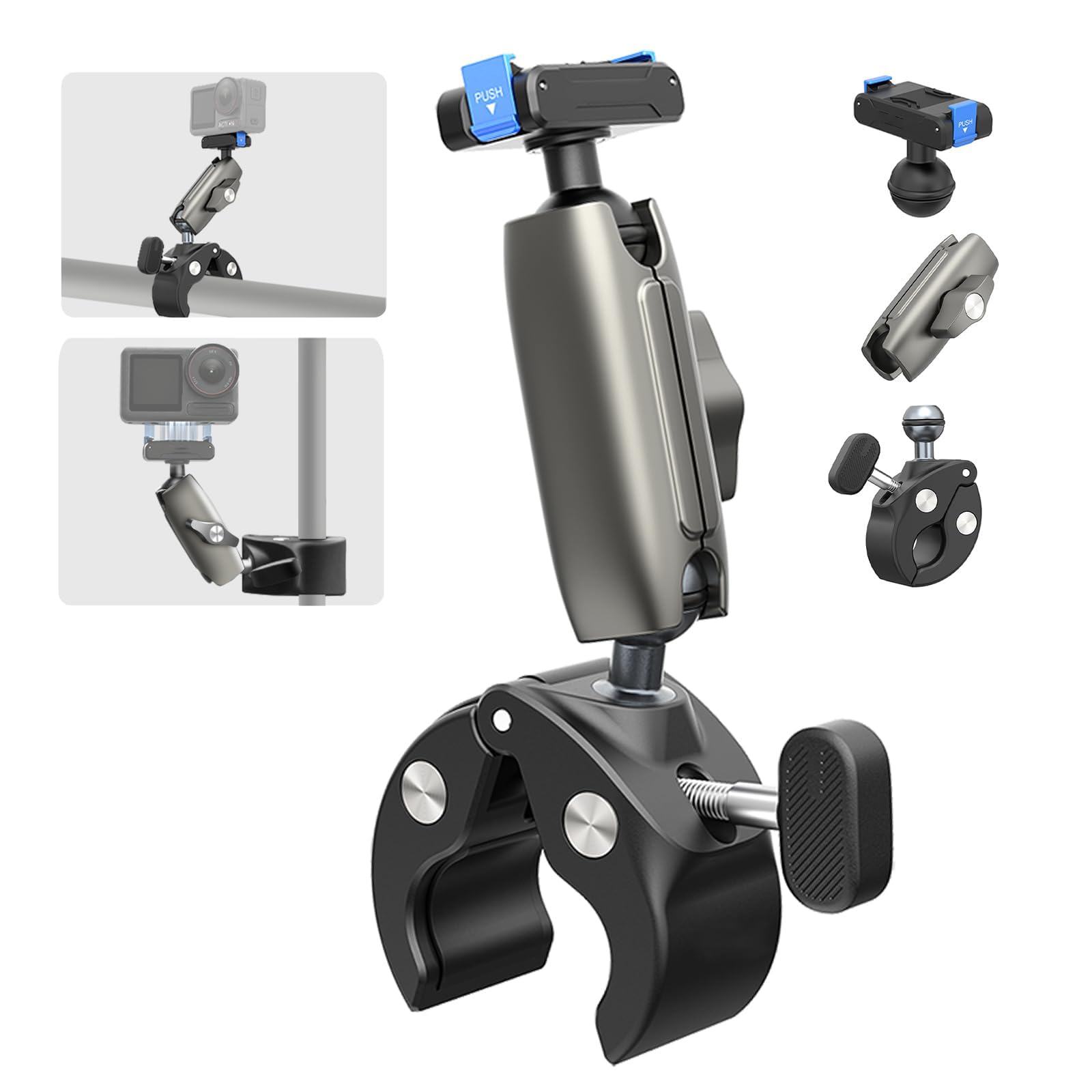 Camera Bike Mount Clamp Motorcycle Handle Holder, Quick Release Holder for DJI Osmo 360/Action 5 Pro/4/3/Pocket 3, Magnetic Dual-Lock Clips, 360° Rotatable Ball Head, Fits 9-38 mm Handlebars