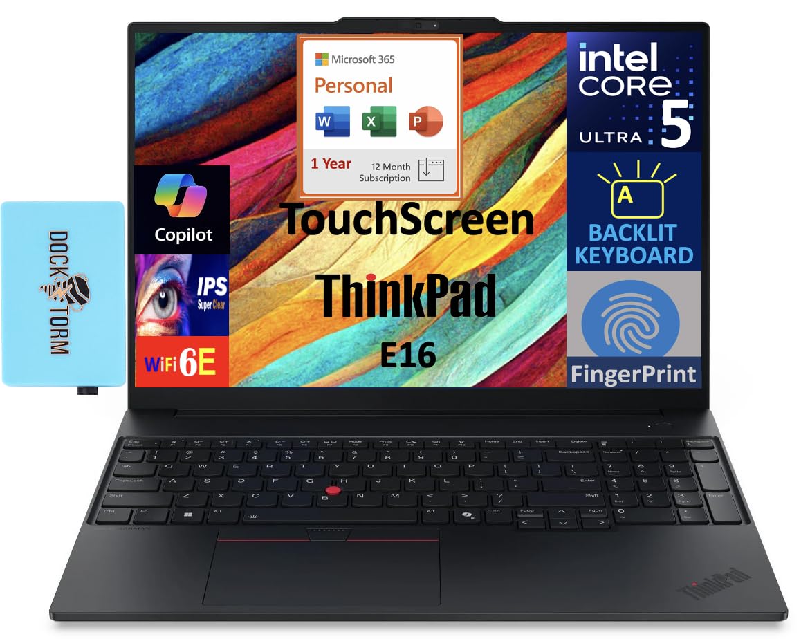 Lenovo ThinkPad E16 Gen 3 Business Laptop 16.0" Touchscreen WUXGA IPS 300 nits (Intel Ultra 5-225U 6-Core 2.00GHz, 64GB DDR5, 512GB PCIe SSD, Backlit KB, FP, Win11P) w/MS 365 Personal, DKZ Hub