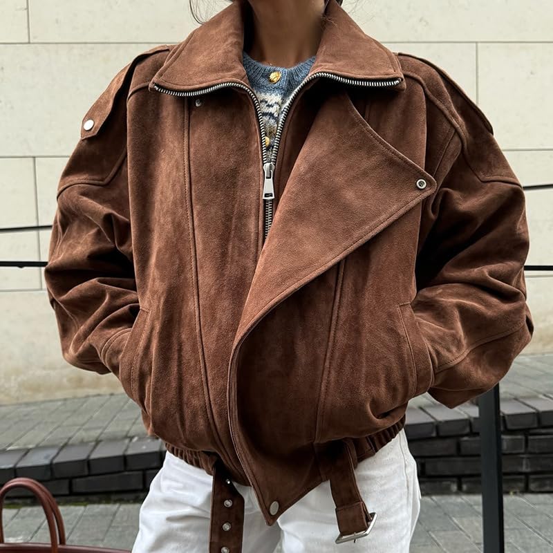 Women's suede baseball jacket retro short loose jacket Harajuku zipper open top sheep top3