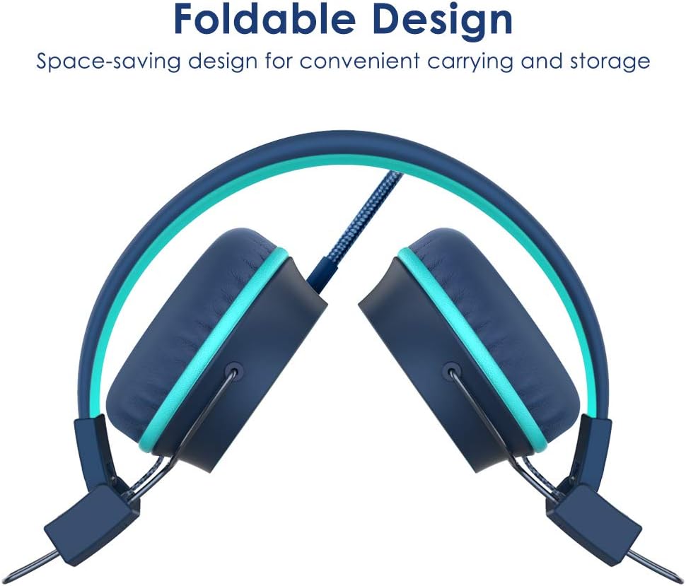 ELECDER i42 Kids Headphones, Safe Volume Limited 85dB, Foldable Adjustable On Ear Headphones, 3.5mm Jack Compatible with Cellphones, Computer, MP3/4 Kindle Tablet School (Blue/Teal)
