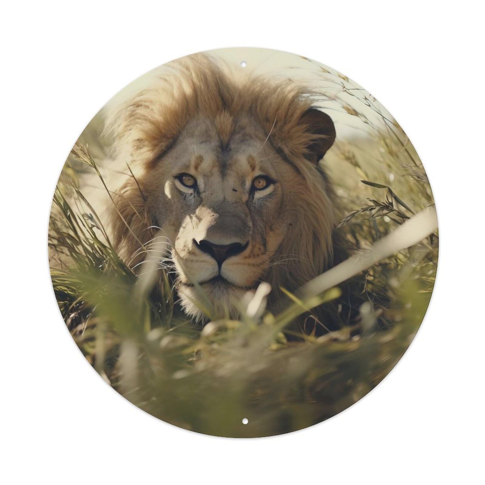 Mighty North African Lion Animal Vintage Metal Tin Sign Plaque Wall Decor for Cafe, Club, Garden Round Metal Poster 8x8Inch
